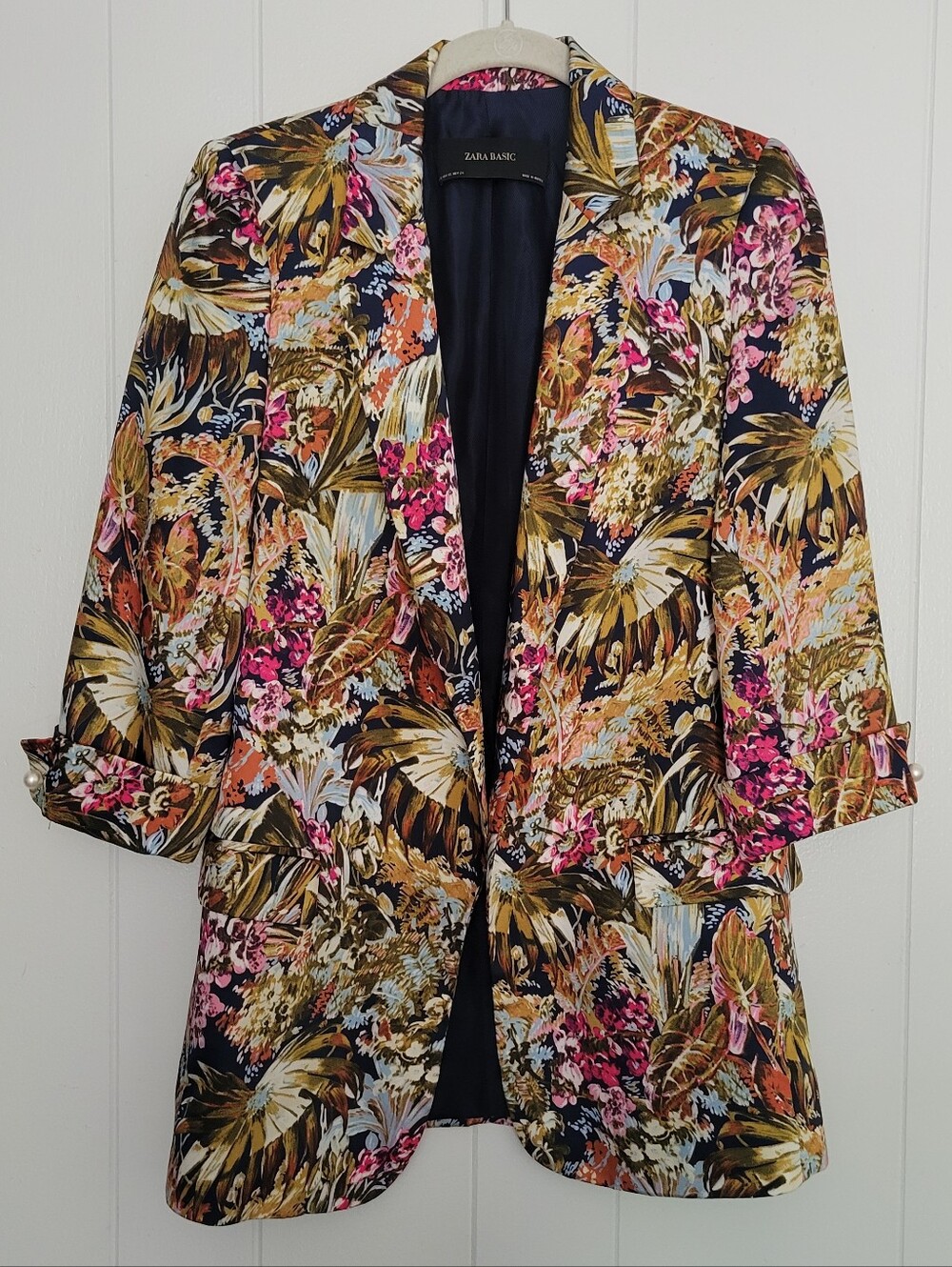 Zara Basic Floral Print Blazer Jacket Tropical Palm Resortwear Open Front XS
